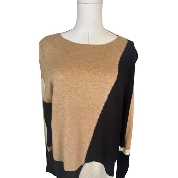 INC Petite XL Colorblock Sweater Acrylic/Wool Blend Long Sleeve Tan/Black/White - Picture 2 of 14